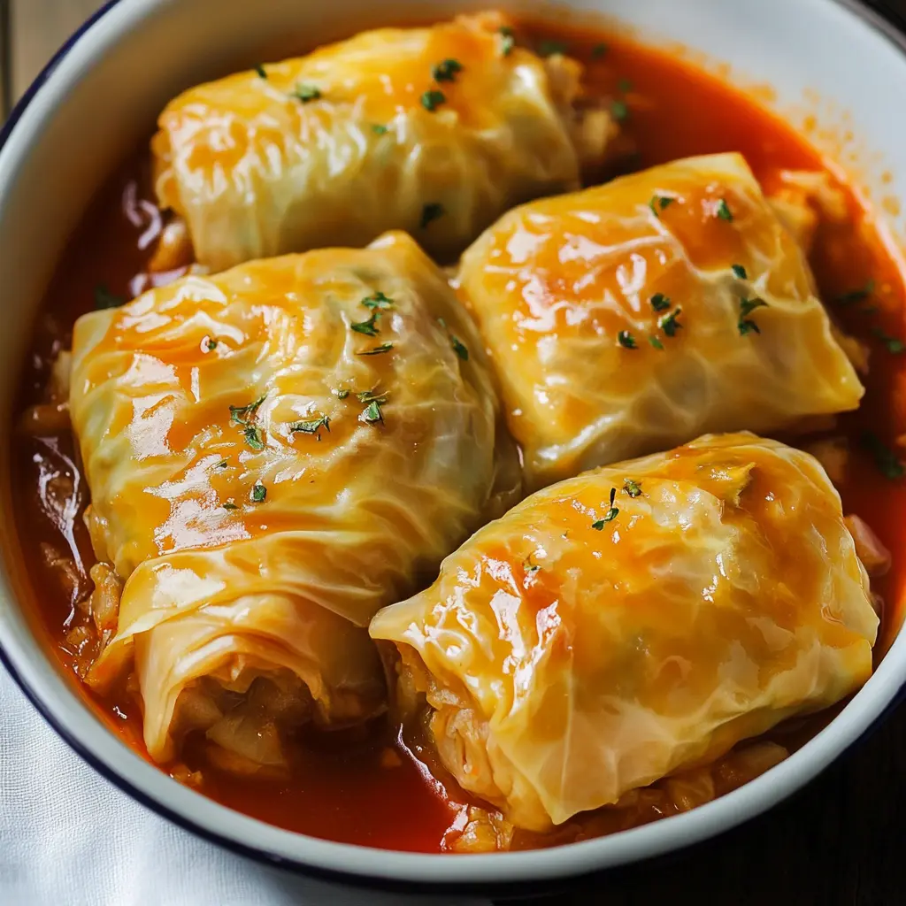 Polish cabbage rolls centered on a white plate with tomato sauce