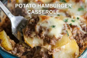 POTATO HAMBURGER CASSEROLE centered hero view, clean and uncluttered