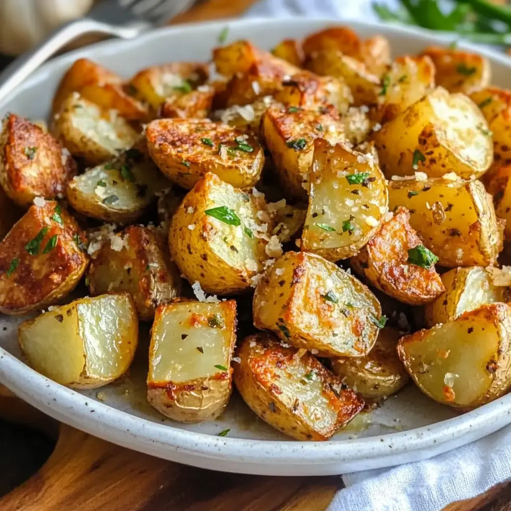 AIR FRYER GARLIC PARMESAN POTATOES centered hero view, clean and uncluttered