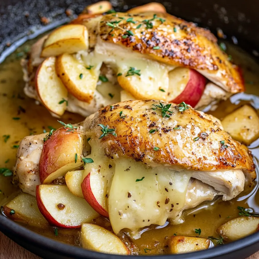 APPLE AND BRIE STUFFED CHICKEN BREAST centered hero view, clean and uncluttered