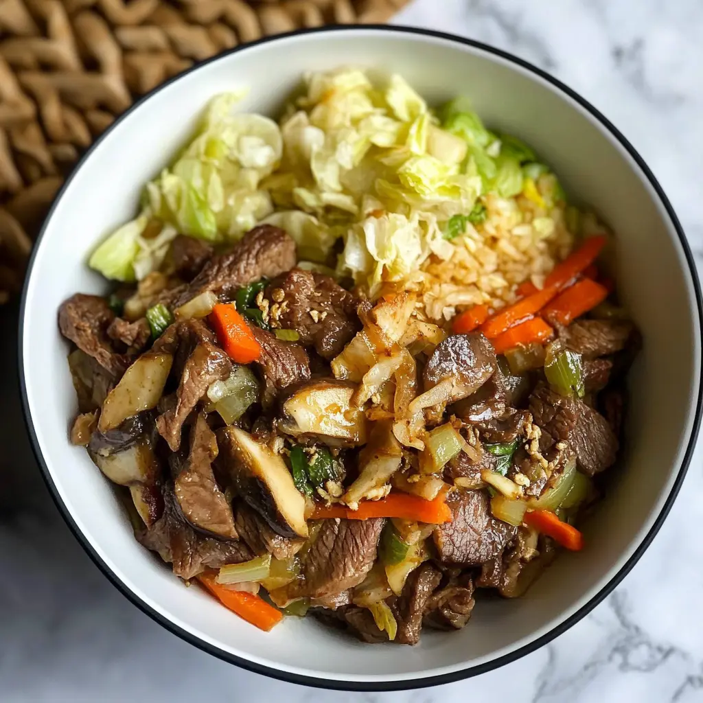 BEEF MUSHROOM AND CABBAGE BOWL centered hero view, clean and uncluttered