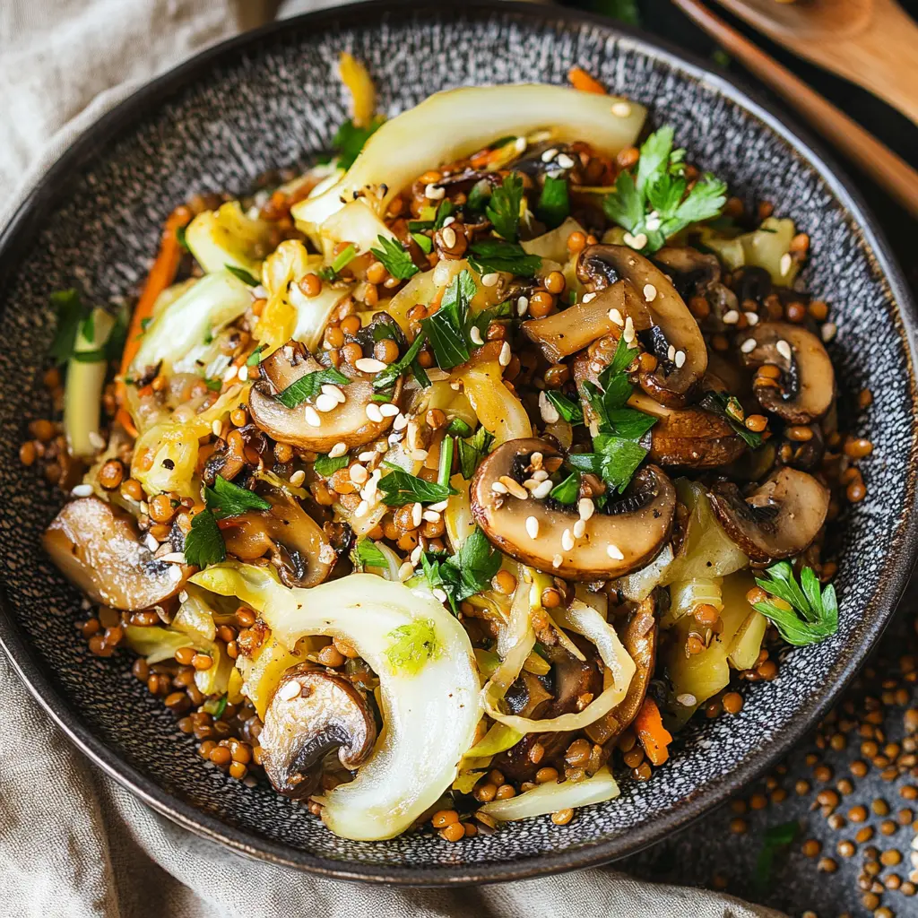 CABBAGE STIR FRY WITH MUSHROOMS AND LENTILS centered hero view, clean and uncluttered