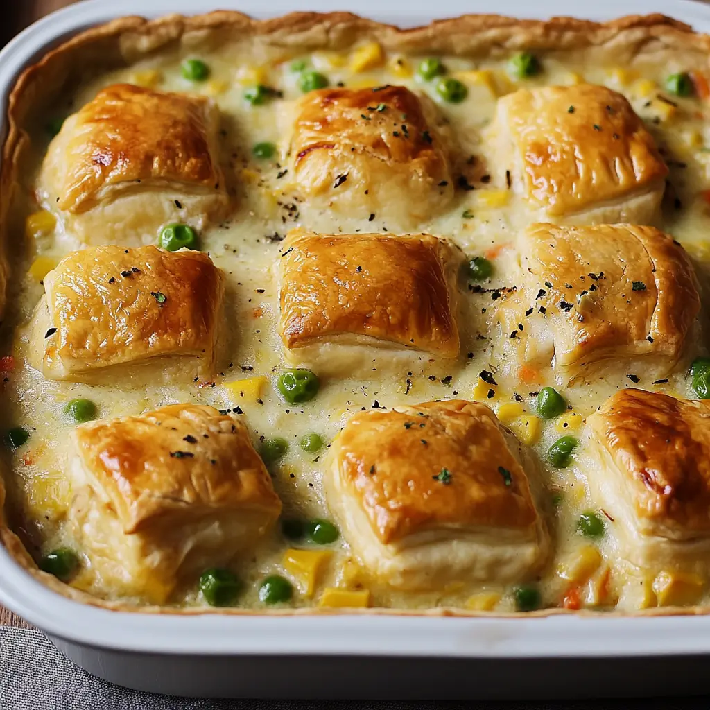 CHICKEN POT PIE CASSEROLE centered hero view, clean and uncluttered