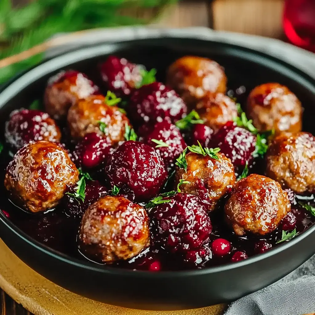 CHRISTMAS CRANBERRY MEATBALLS centered hero view, clean and uncluttered