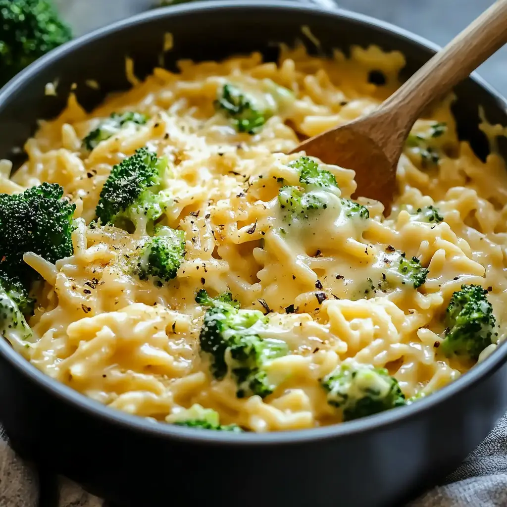 CREAMY ONE POT BROCCOLI CHEDDAR ORZO centered hero view, clean and uncluttered