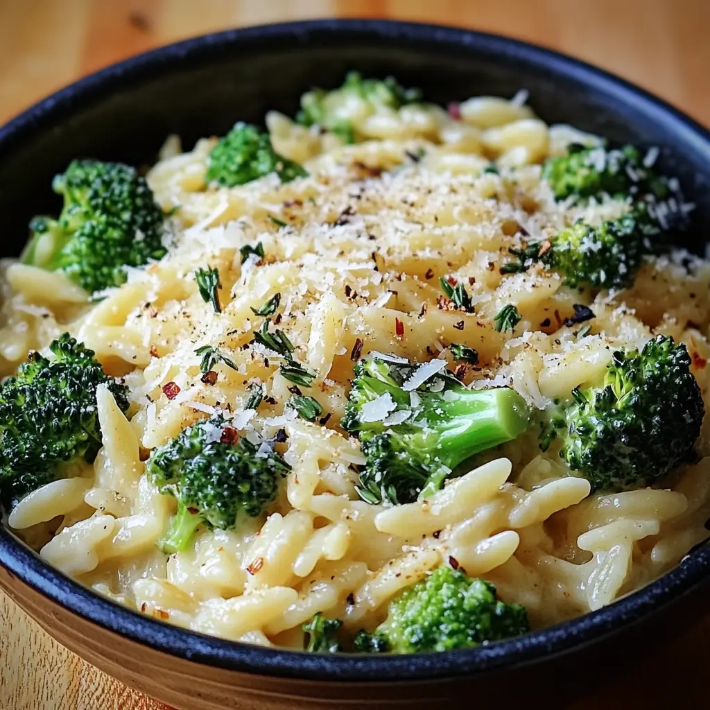 CREAMY ORZO WITH PARMESAN AND BROCCOLI centered hero view, clean and uncluttered