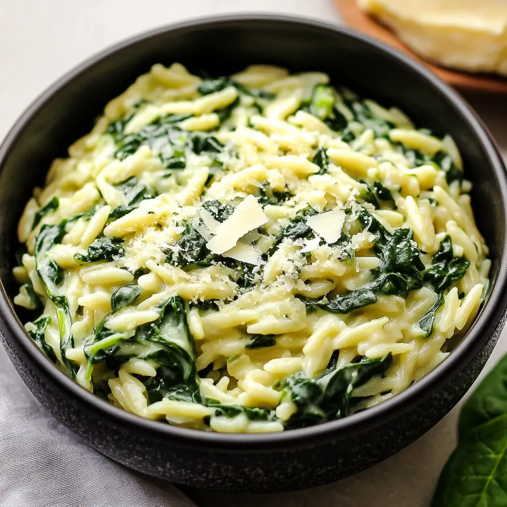 CREAMY PARMESAN SPINACH ORZO centered hero view, clean and uncluttered
