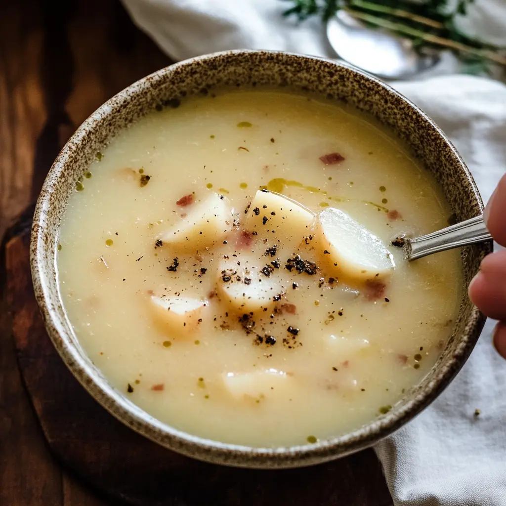 FARMHOUSE POTATO SOUP centered hero view, clean and uncluttered