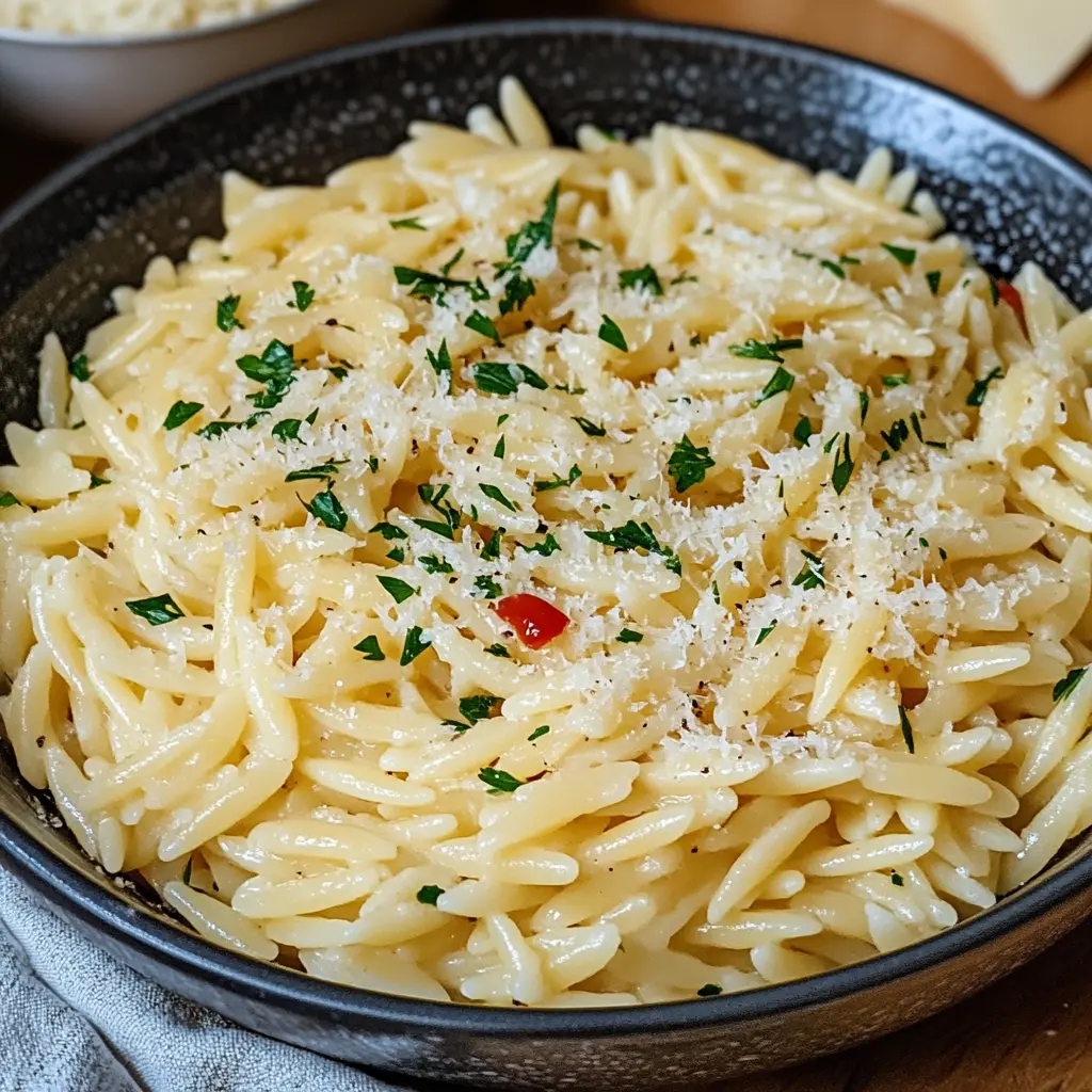 GARLIC PARMESAN ORZO PASTA centered hero view, clean and uncluttered