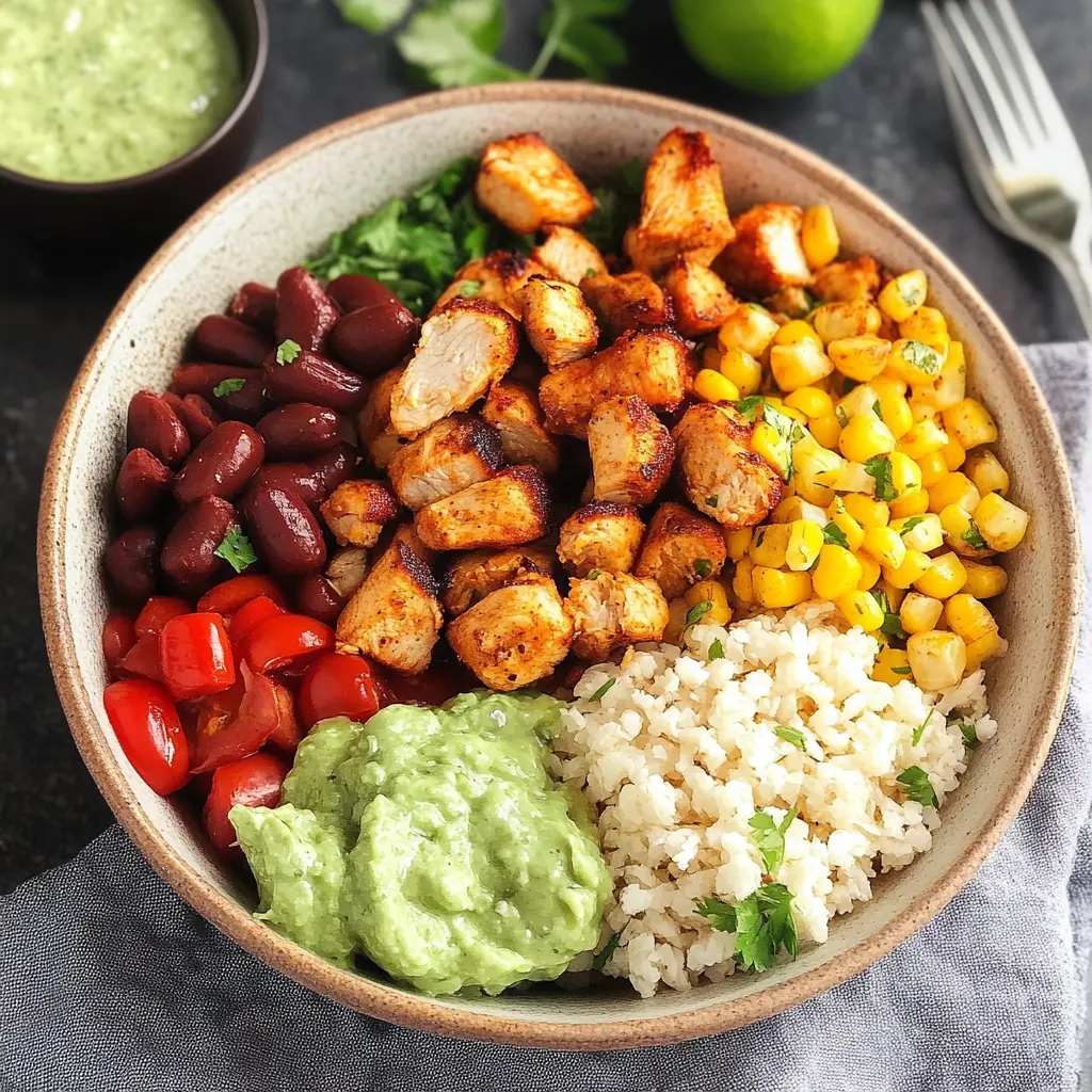 HEALTHY CHICKEN BURRITO BOWLS centered hero view, clean and uncluttered