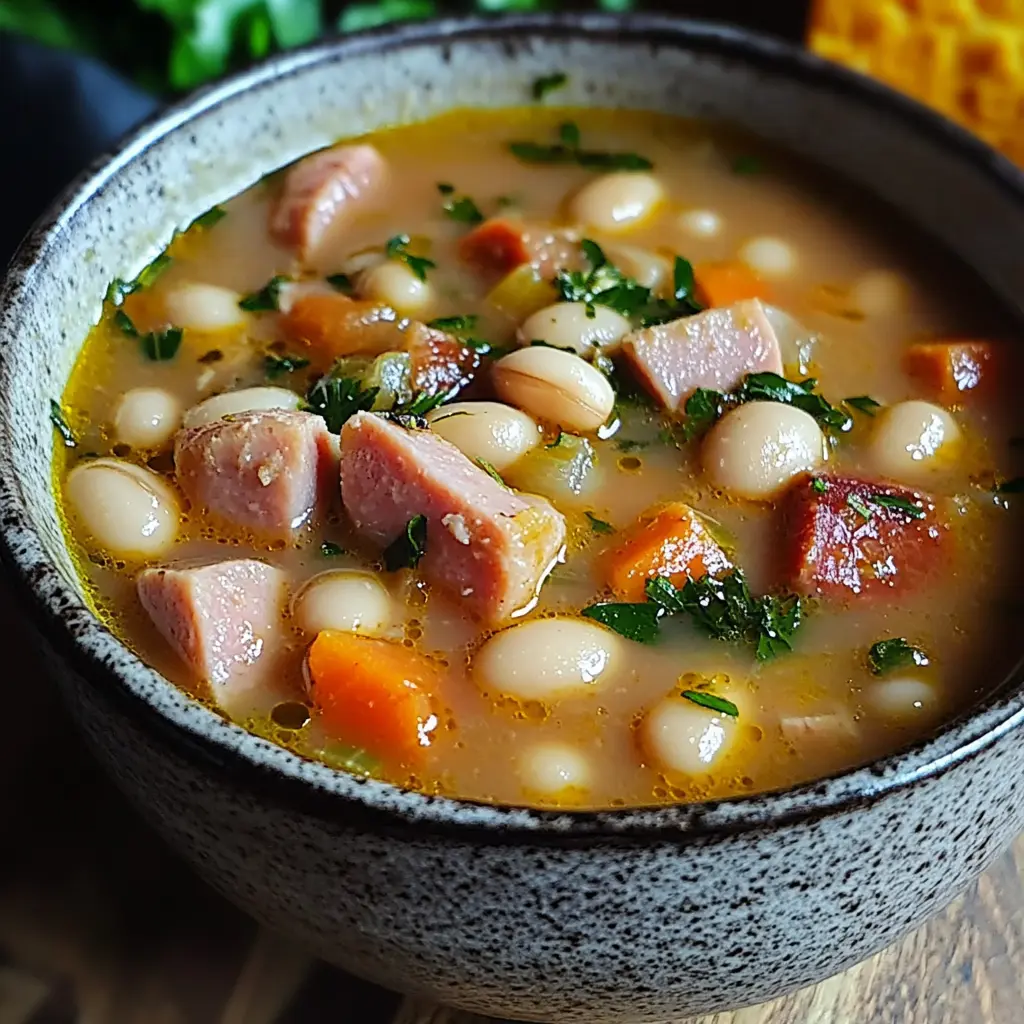 HEARTY HAM AND WHITE BEAN SOUP centered hero view, clean and uncluttered