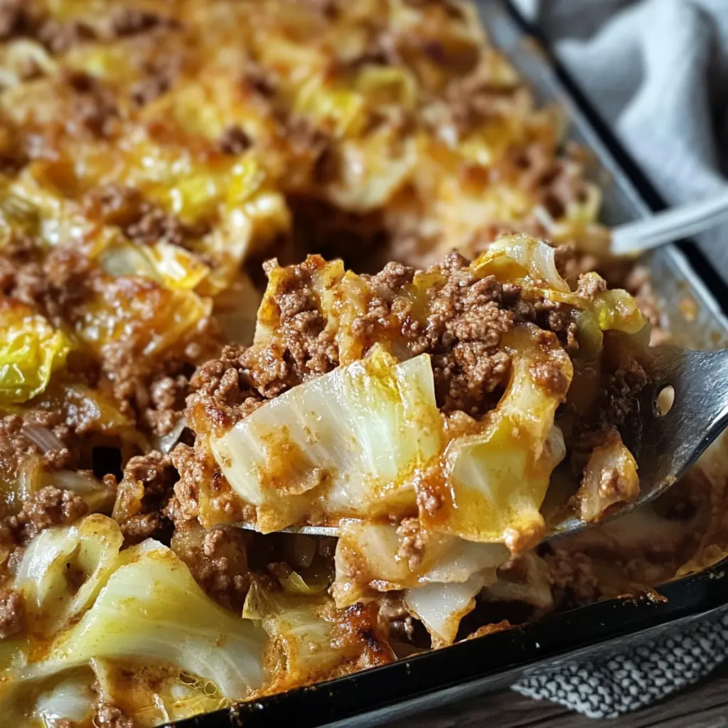 KETO CABBAGE CASSEROLE WITH GROUND BEEF centered hero view, clean and uncluttered
