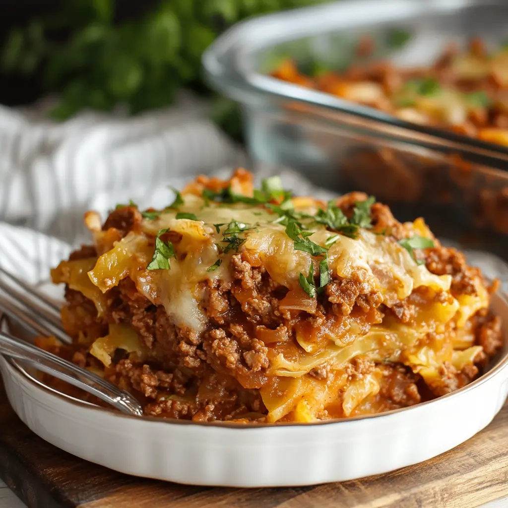 LAZY CABBAGE ROLL CASSEROLE centered hero view, clean and uncluttered