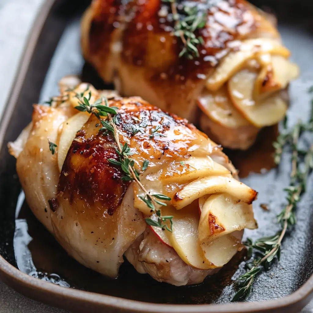 MAPLE GLAZED APPLE AND BRIE STUFFED CHICKEN centered hero view, clean and uncluttered