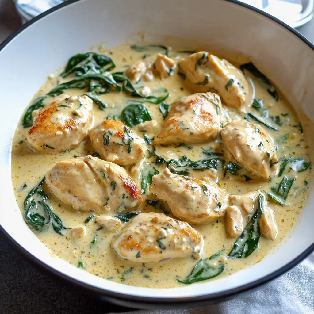 ONE-PAN CREAMY CHICKEN AND SPINACH centered hero view, clean and uncluttered
