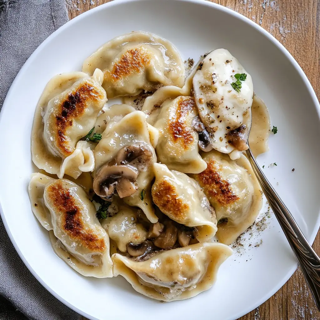 POLISH SAUERKRAUT AND MUSHROOM PIEROGI centered hero view, clean and uncluttered