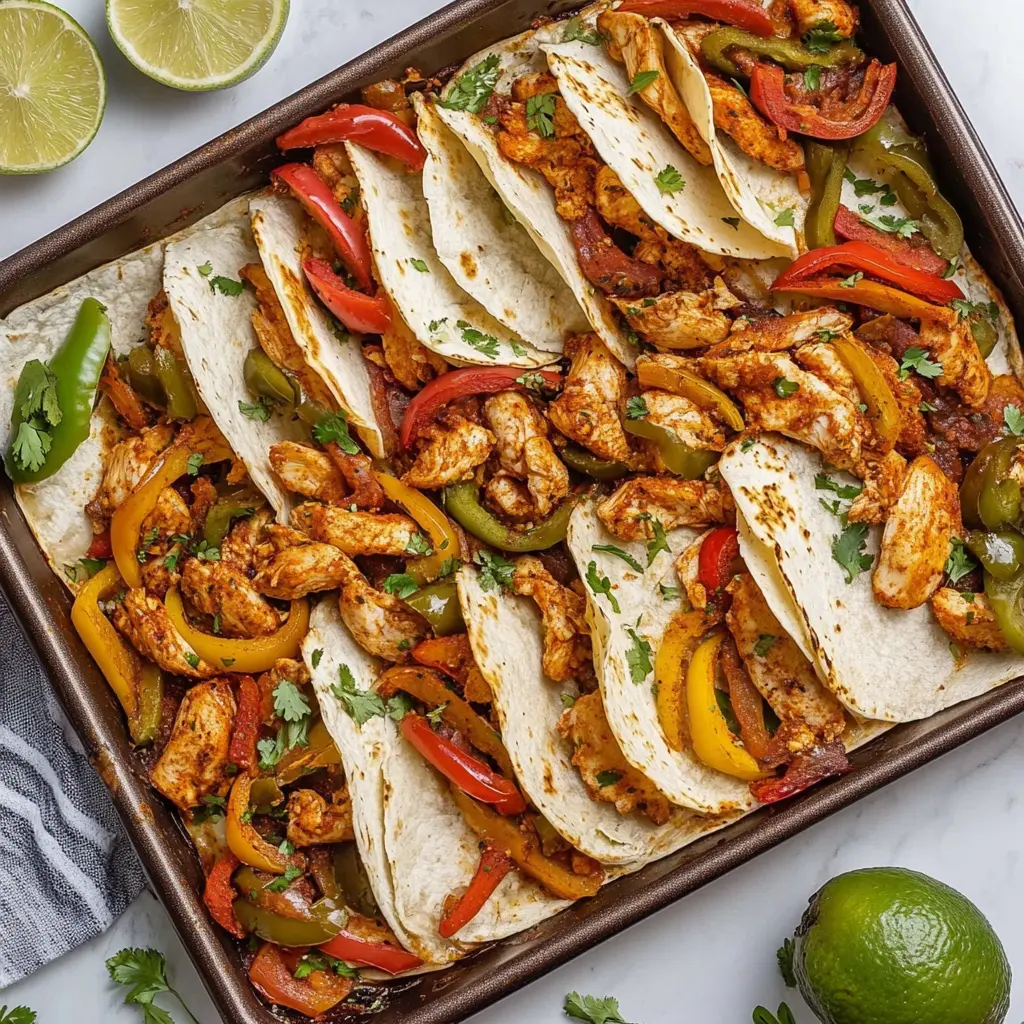 SHEET PAN CHICKEN FAJITAS centered hero view, clean and uncluttered
