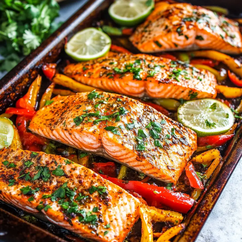 SHEET PAN FAJITA SALMON centered hero view, clean and uncluttered