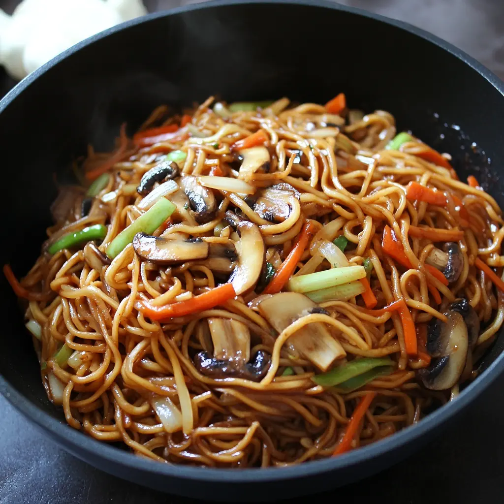 Vegetable Lo Mein with Cabbage and Mushrooms Recipe Easy 2 VEGETABLE LO MEIN WITH CABBAGE AND MUSHROOMS centered hero view, clean and uncluttered