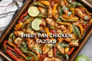 SHEET PAN CHICKEN FAJITAS centered hero view, clean and uncluttered