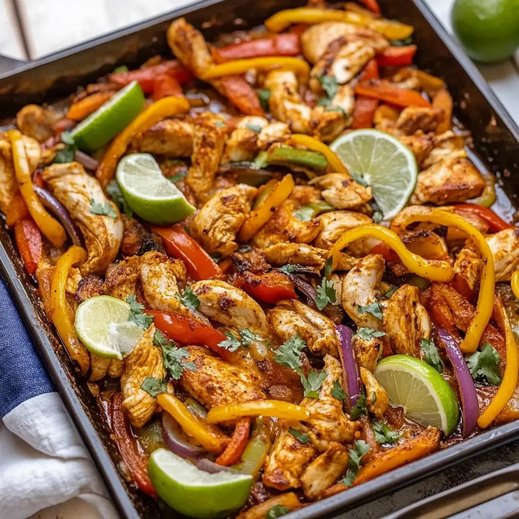 SHEET PAN CHICKEN FAJITAS centered hero view, clean and uncluttered