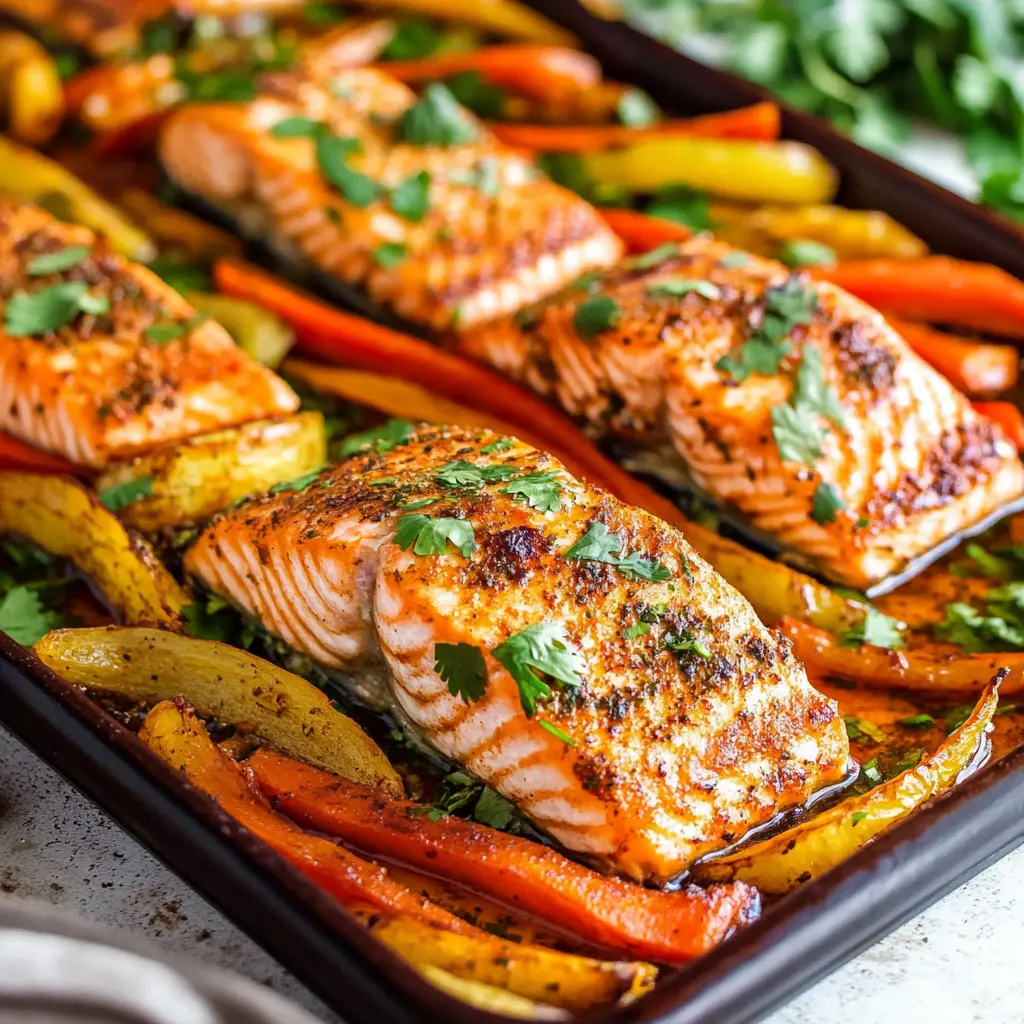 Sheet Pan Fajita Salmon with colorful bell peppers and onions