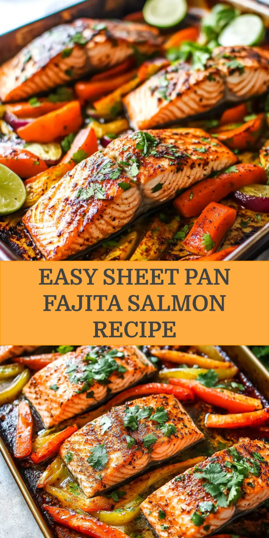 Sheet Pan Fajita Salmon pin with colorful peppers and flaky salmon
