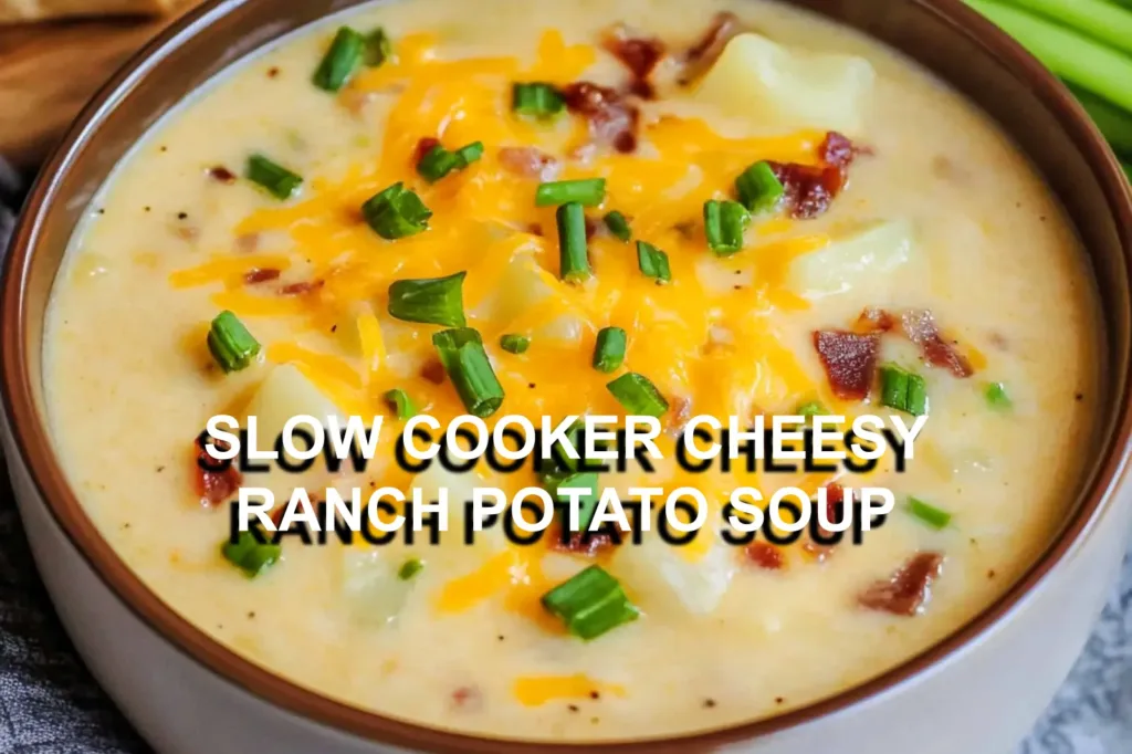 SLOW COOKER CHEESY RANCH POTATO SOUP centered hero view, clean and uncluttered