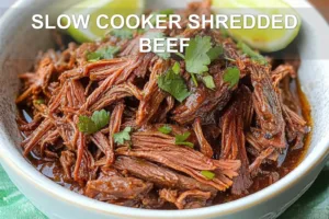 SLOW COOKER SHREDDED BEEF centered hero view, clean and uncluttered