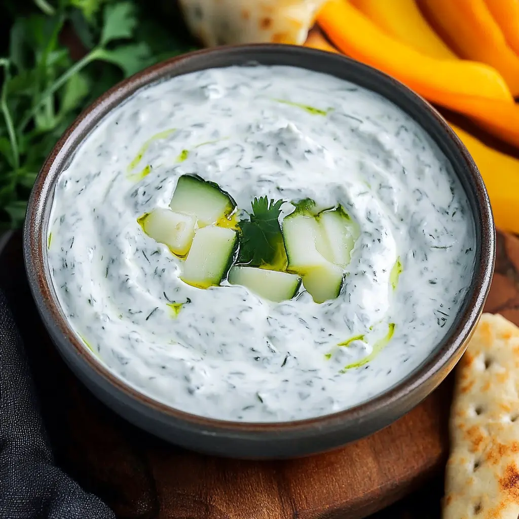 Homemade tzatziki sauce in a white bowl with fresh cucumber and herbs