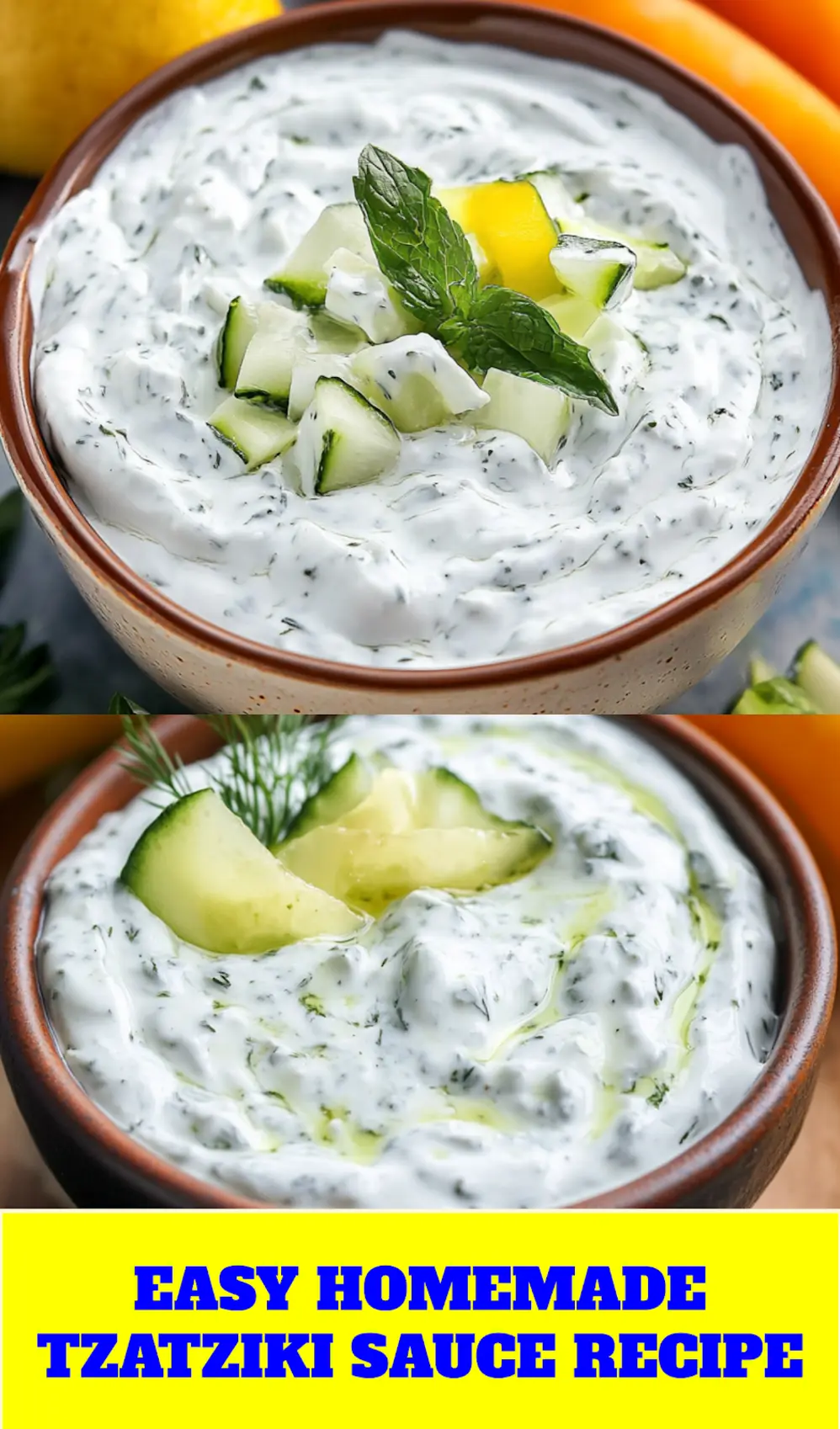 Creamy tzatziki sauce with cucumber and fresh herbs for Pinterest