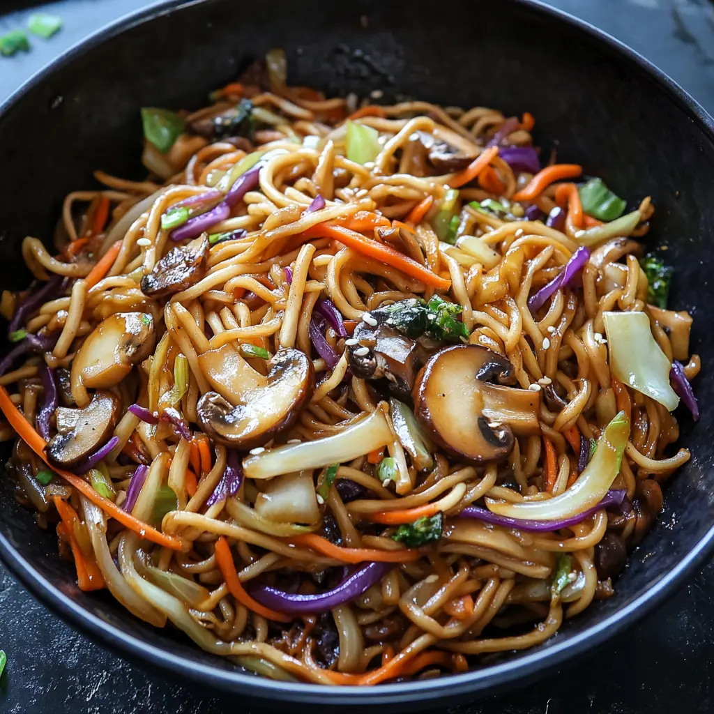 Vegetable Lo Mein with Cabbage and Mushrooms Recipe Easy 3 VEGETABLE LO MEIN WITH CABBAGE AND MUSHROOMS centered hero view, clean and uncluttered