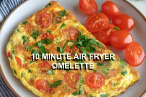 10 MINUTE AIR FRYER OMELETTE centered hero view, clean and uncluttered