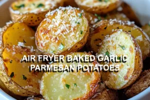 AIR FRYER BAKED GARLIC PARMESAN POTATOES centered hero view, clean and uncluttered