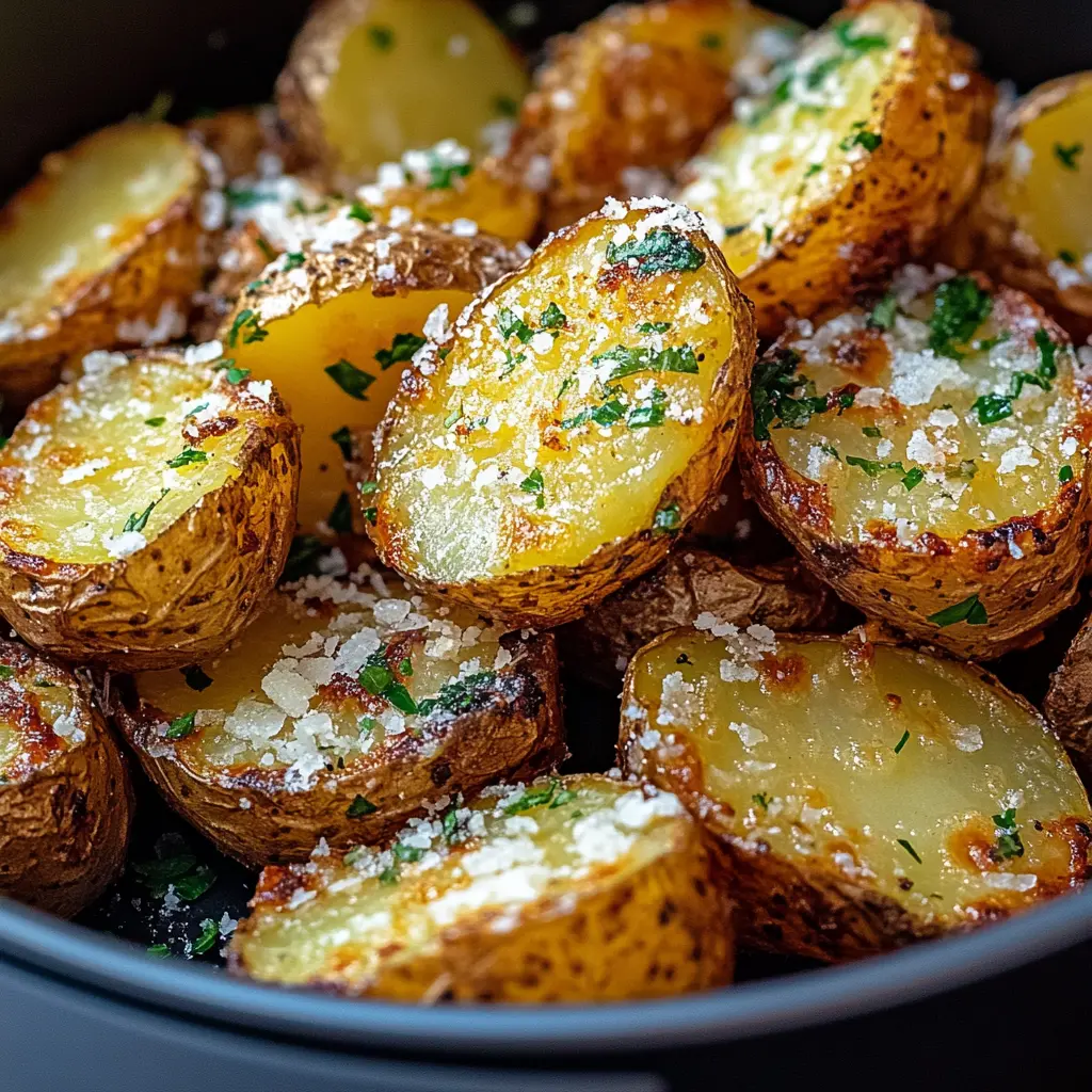 Air Fryer Baked Garlic Parmesan Potatoes centered hero view, clean and uncluttered