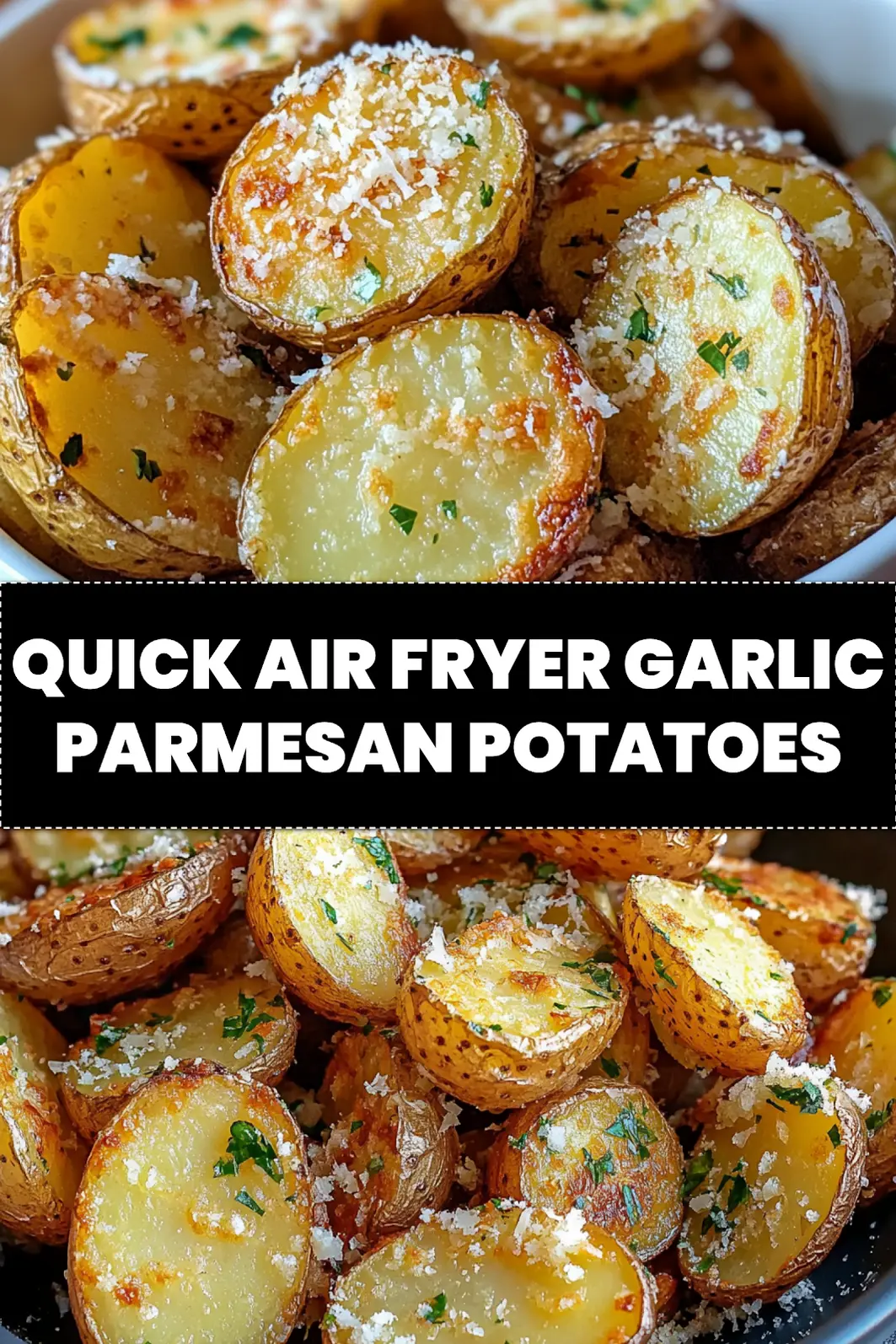 Air Fryer Baked Garlic Parmesan Potatoes centered hero view, clean and uncluttered