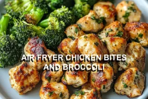 AIR FRYER CHICKEN BITES AND BROCCOLI centered hero view, clean and uncluttered