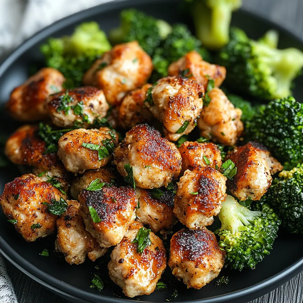 Air fryer chicken bites and broccoli centered hero view, clean and uncluttered