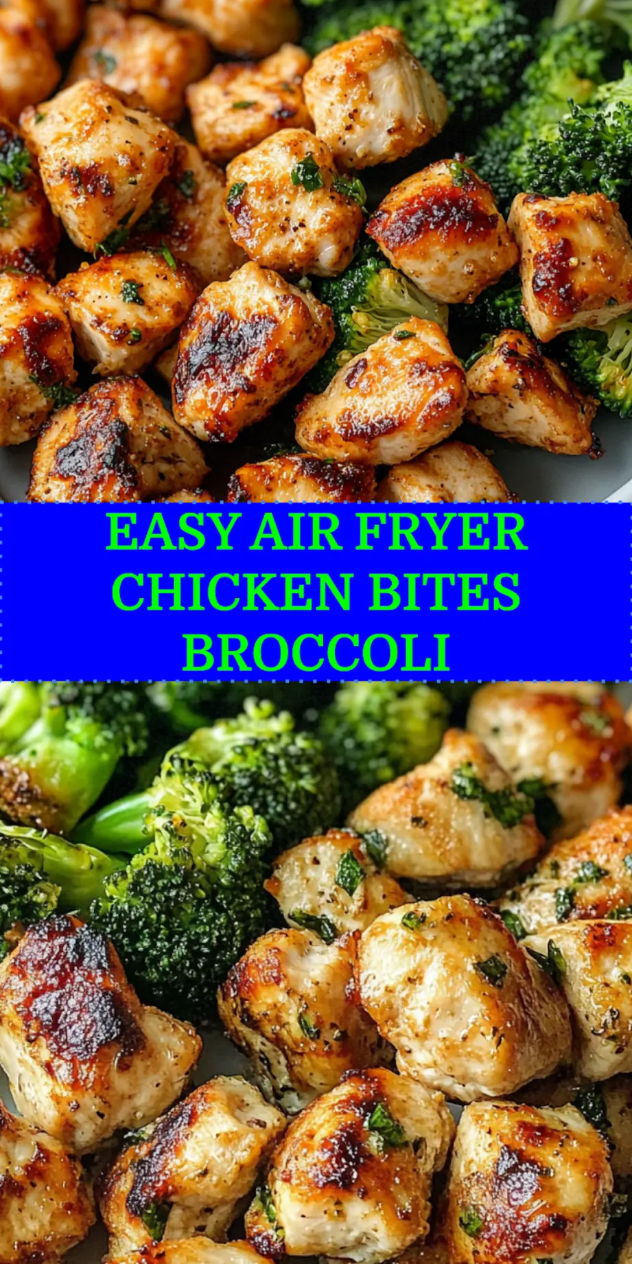 Air fryer chicken bites and broccoli centered hero view, clean and uncluttered