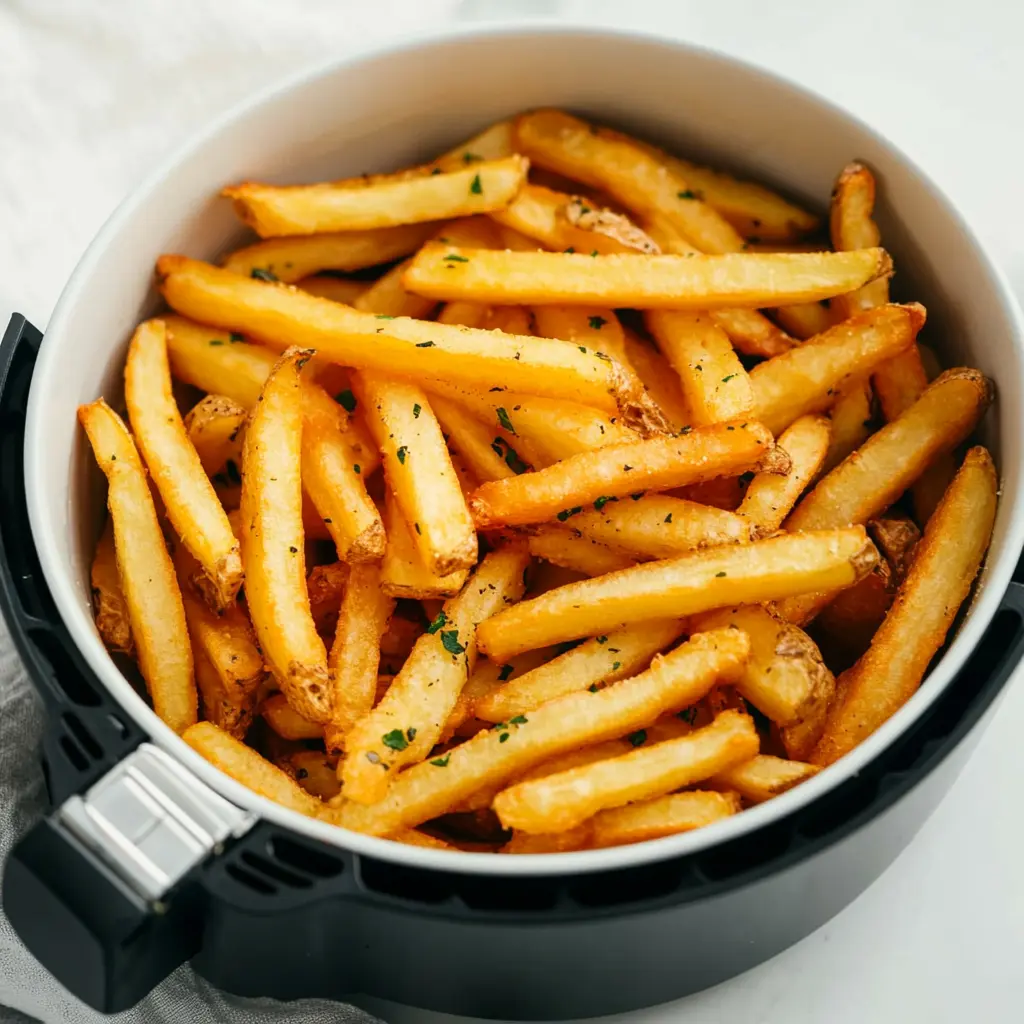 Golden crispy air fryer frozen french fries on a white plate