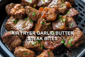 AIR FRYER GARLIC BUTTER STEAK BITES centered hero view, clean and uncluttered