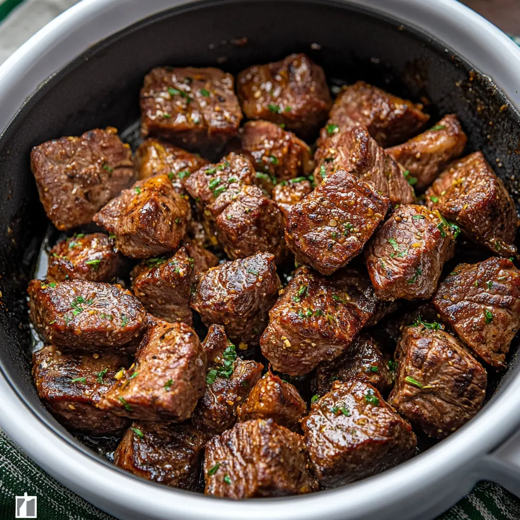 AIR FRYER GARLIC BUTTER STEAK BITES centered hero view, clean and uncluttered