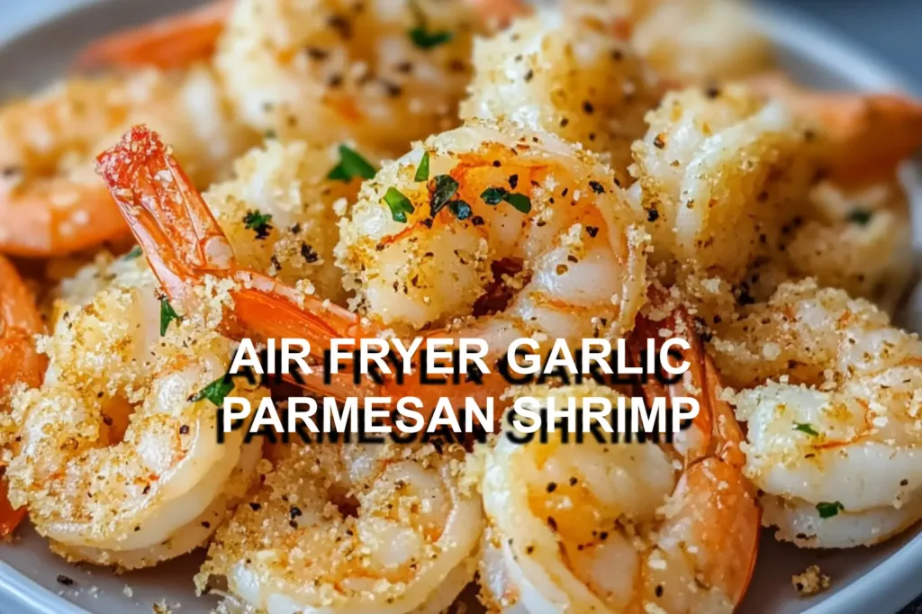 AIR FRYER GARLIC PARMESAN SHRIMP centered hero view, clean and uncluttered