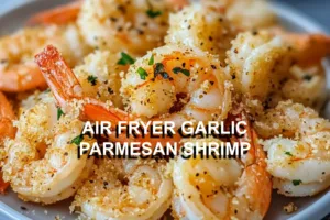AIR FRYER GARLIC PARMESAN SHRIMP centered hero view, clean and uncluttered