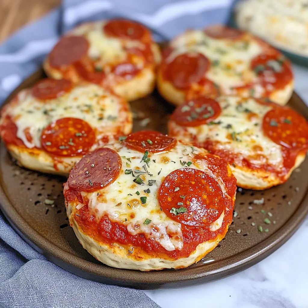 Air fryer pizza bagels with golden cheese and pepperoni, centered hero view
