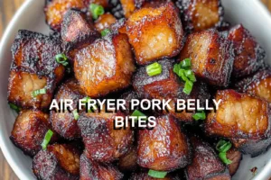 AIR FRYER PORK BELLY BITES centered hero view, clean and uncluttered