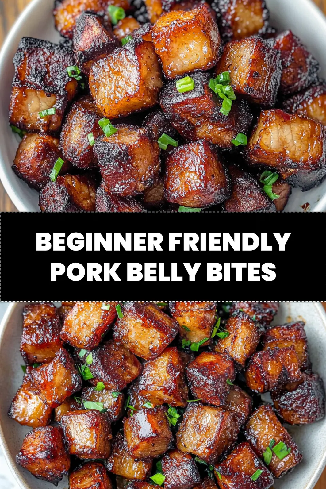 Air fryer pork belly bites recipe pinnable image with crispy golden pieces
