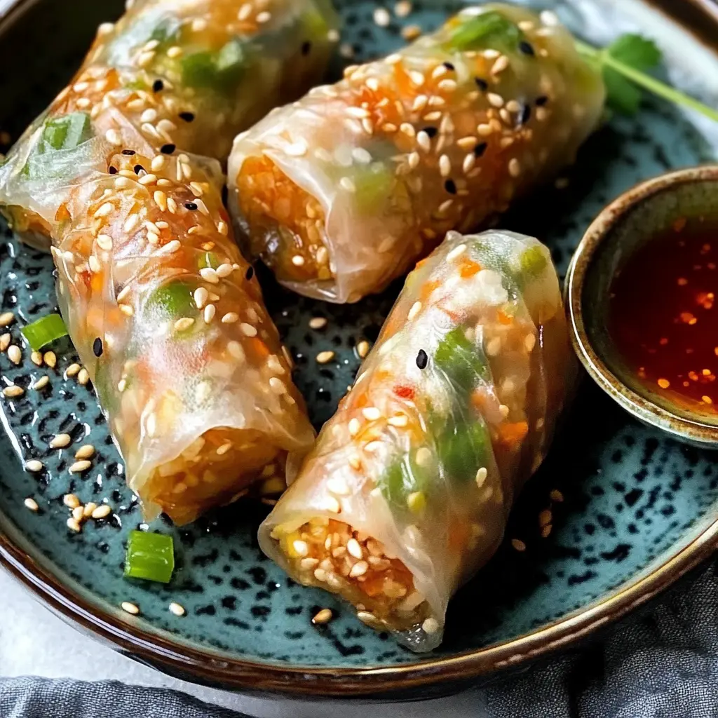Air fryer rice paper noodle rolls with golden crispy edges on a white plate