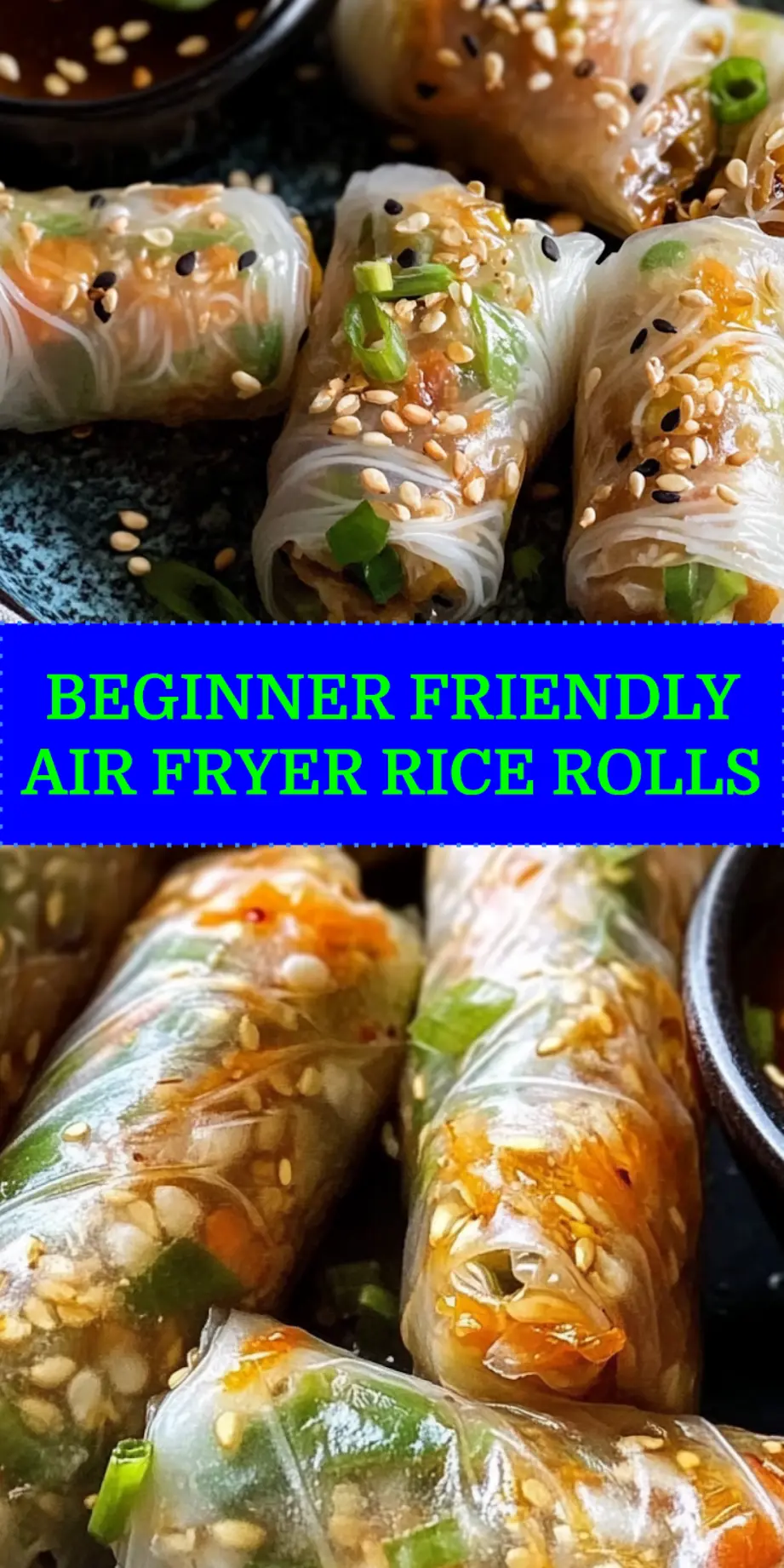 Air fryer rice paper noodle rolls arranged on a serving platter for Pinterest