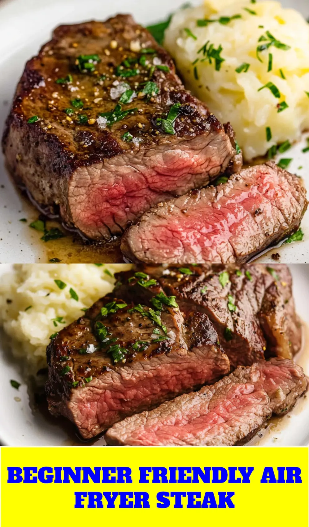 Air fryer steak with golden crust centered on white background for Pinterest pin